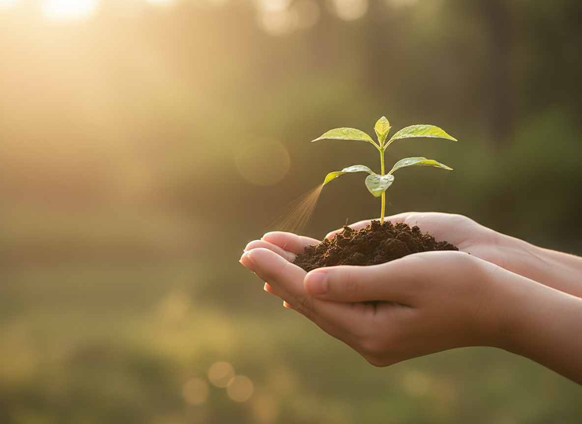 Open hands holding a growing plant symbolizing restoration and new life