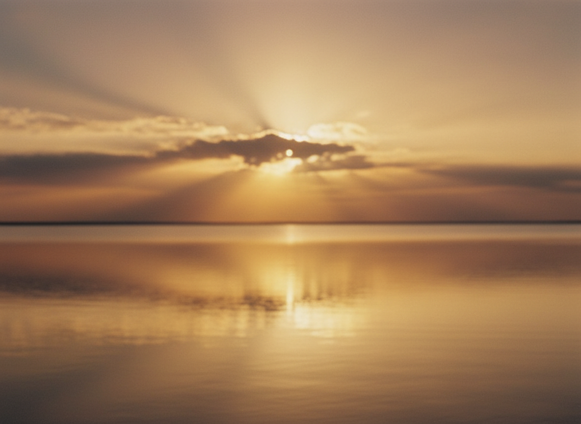 Soft warm morning light breaking through clouds over a calm horizon, gentle golden and amber tones, hopeful and serene atmosphere, subtle rays of light symbolizing hope and renewal, no people, no text, cinematic soft focus, faith-inspired mood