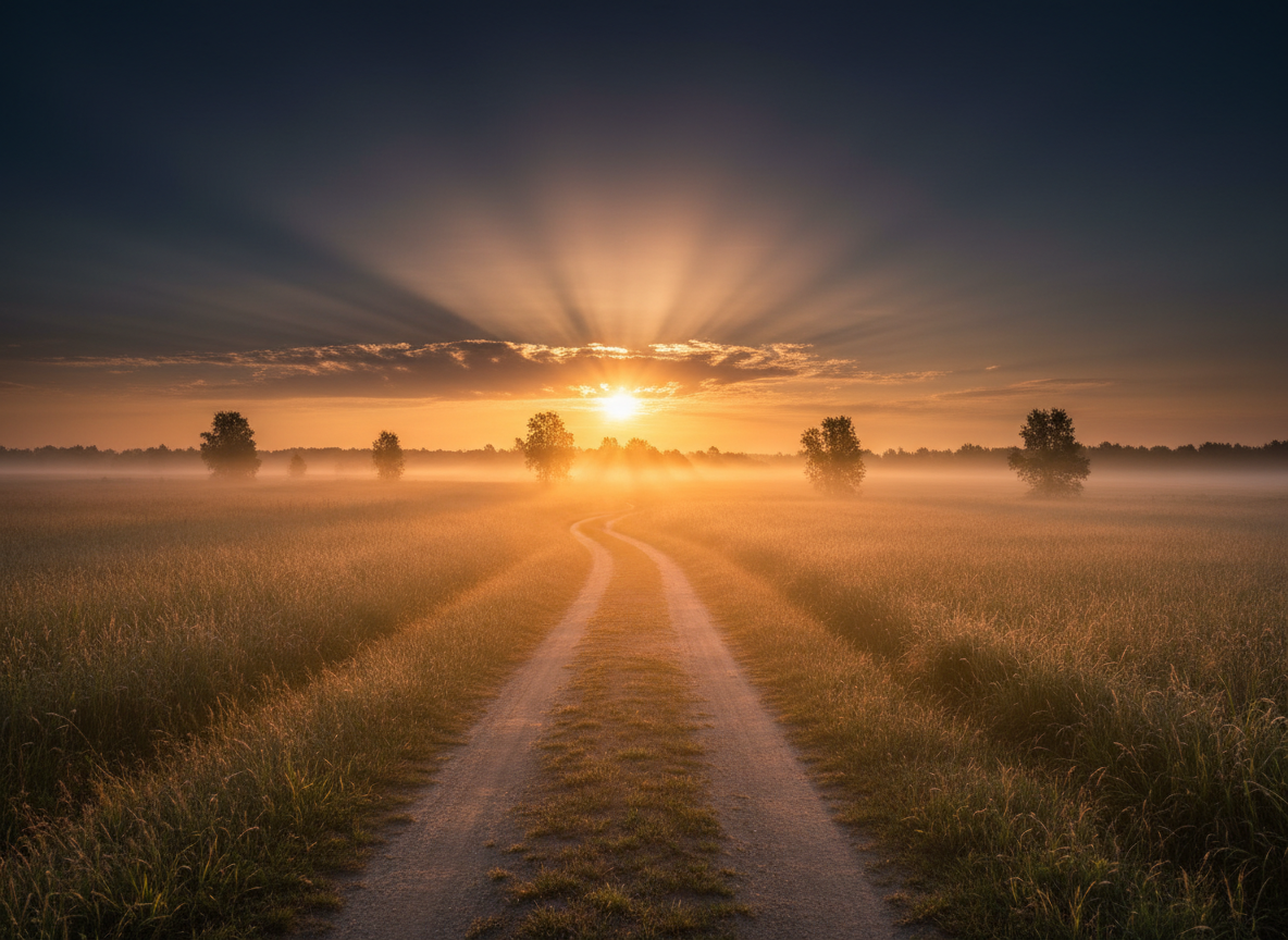 A warm, hopeful cinematic scene of a single path stretching toward a glowing golden sunrise on the horizon, dark navy blue sky, soft rays of amber light breaking through